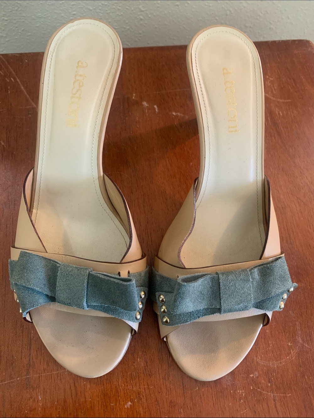 a. testoni Nude Leather Slide Sandals with Green Suede Bow